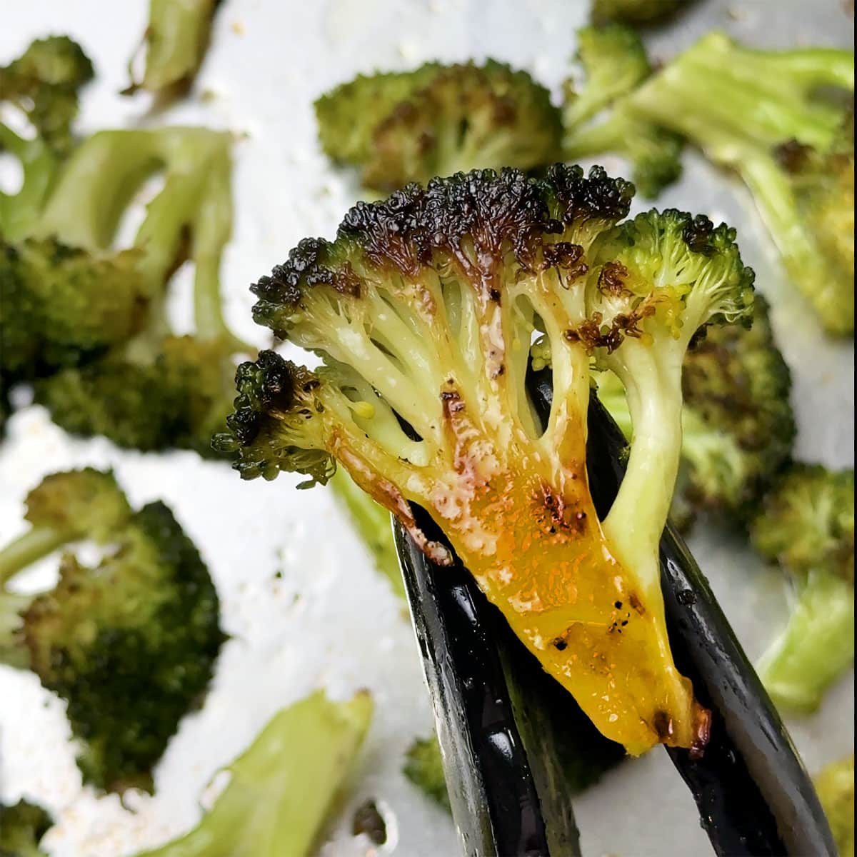 A close-up photo of a caramelized broccoli floret.