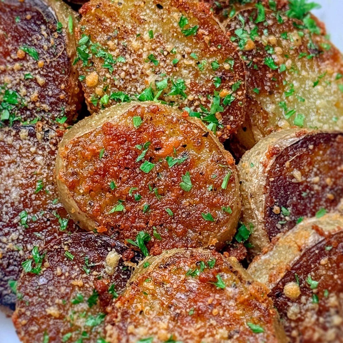 A close-up photo of parmesan roasted potatoes.