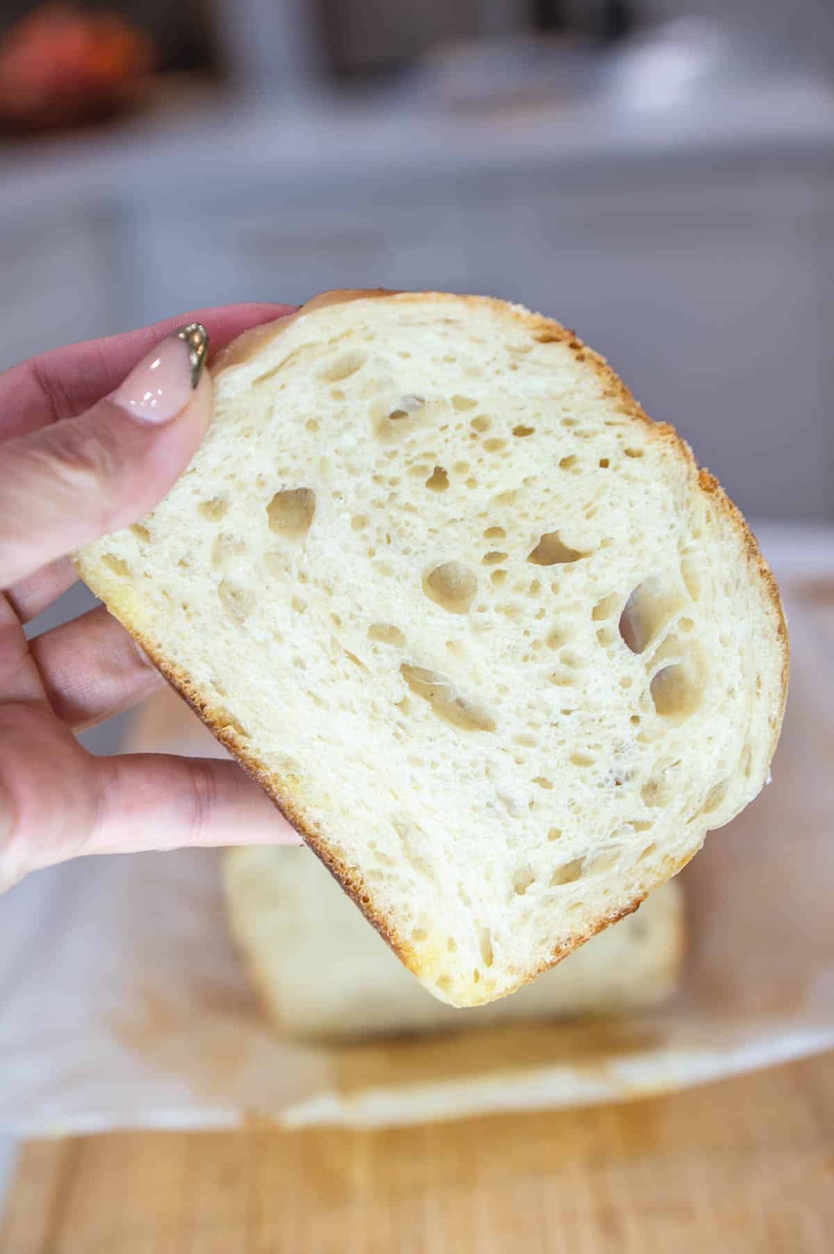 Closeup of sourdough sandwich bread slice.
