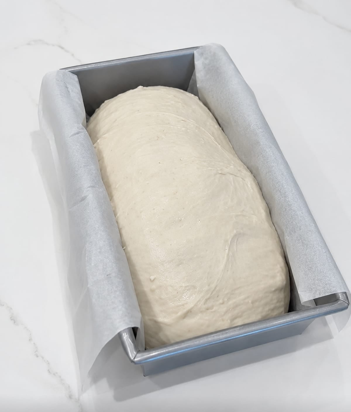 Loaf of risen dough in a loaf pan with parchment paper.