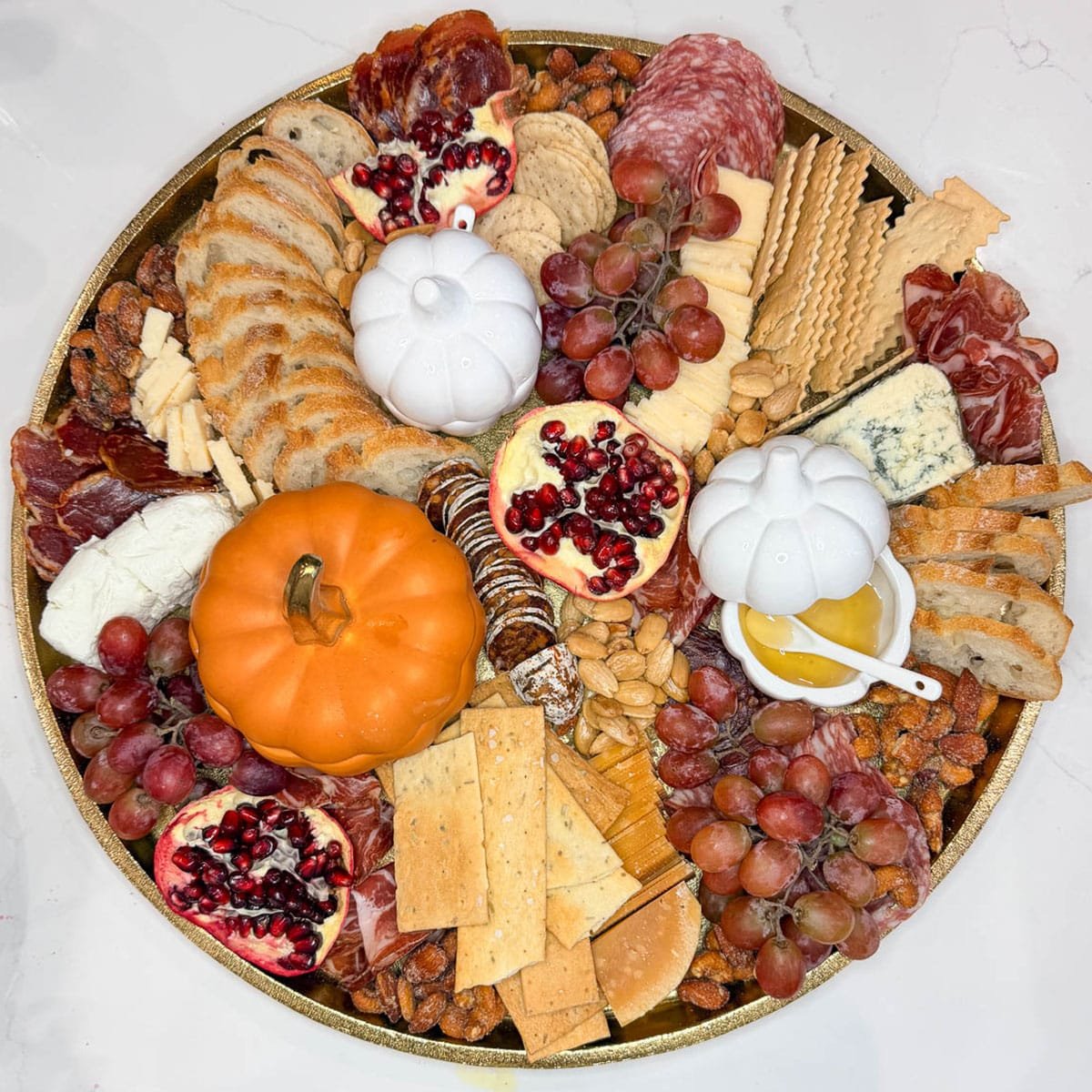 A close-up photo of a fall charcuterie board.