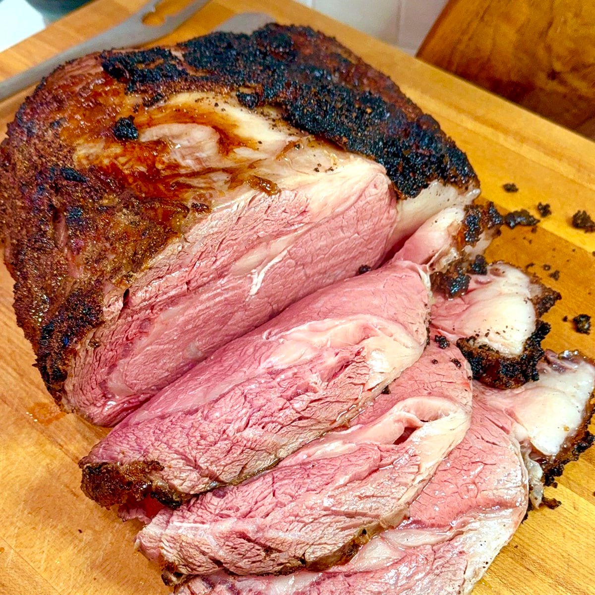 Close-up photo of a reverse sear prime rib.