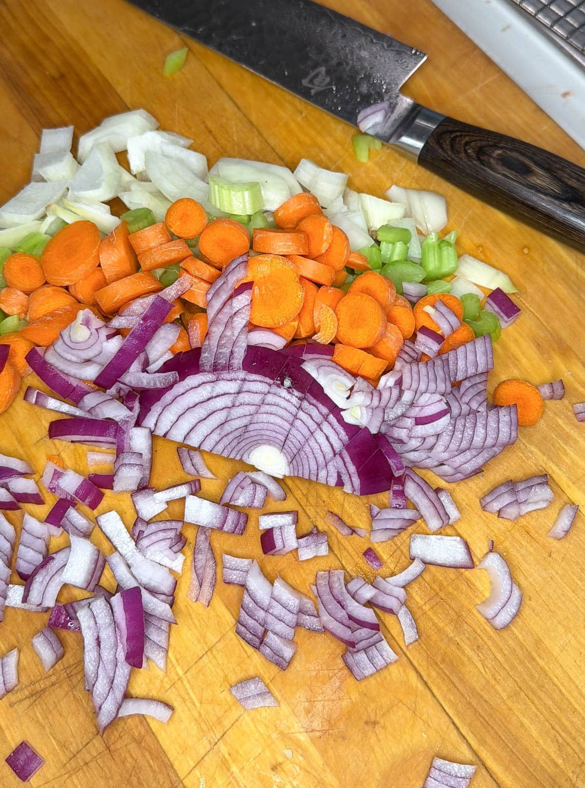 Chopped up onion, celery, and carrots. Added red onion.