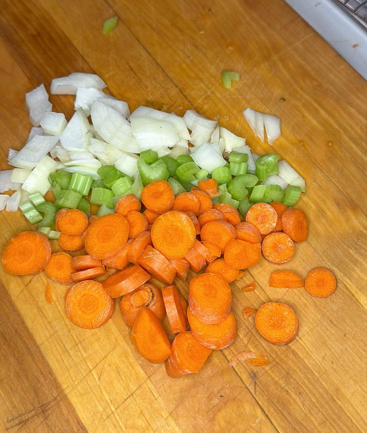 Chopped up onion, celery, and carrots.