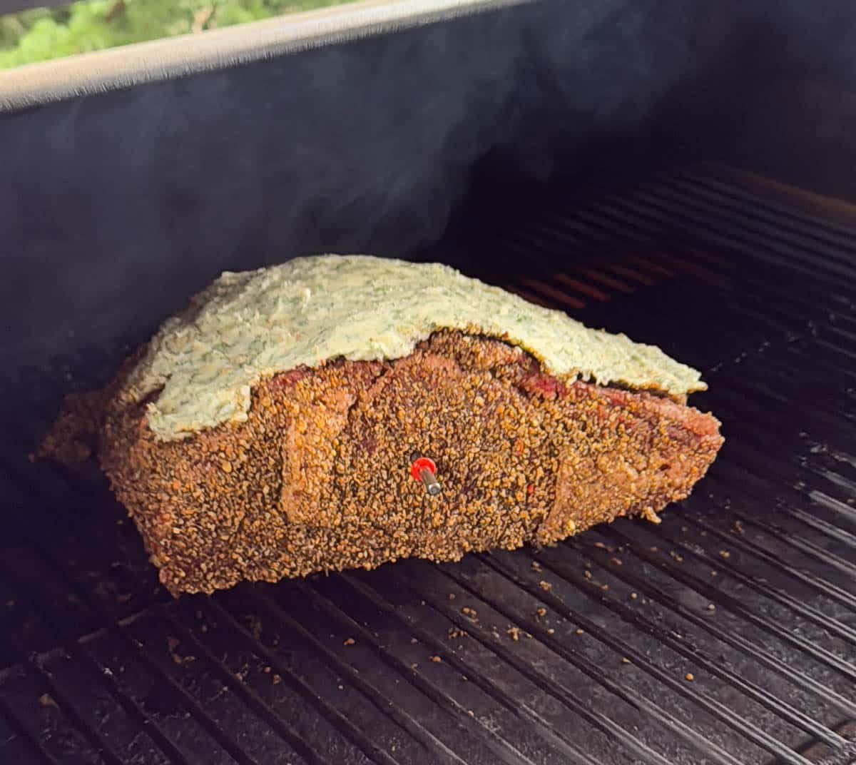 A whole, seasoned and raw prime rib in the smoker with a probe thermometer in the middle.