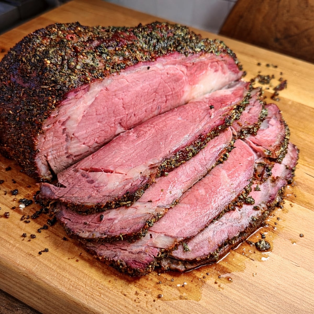 Sliced smoked prime rib roast on a wooden cutting board.