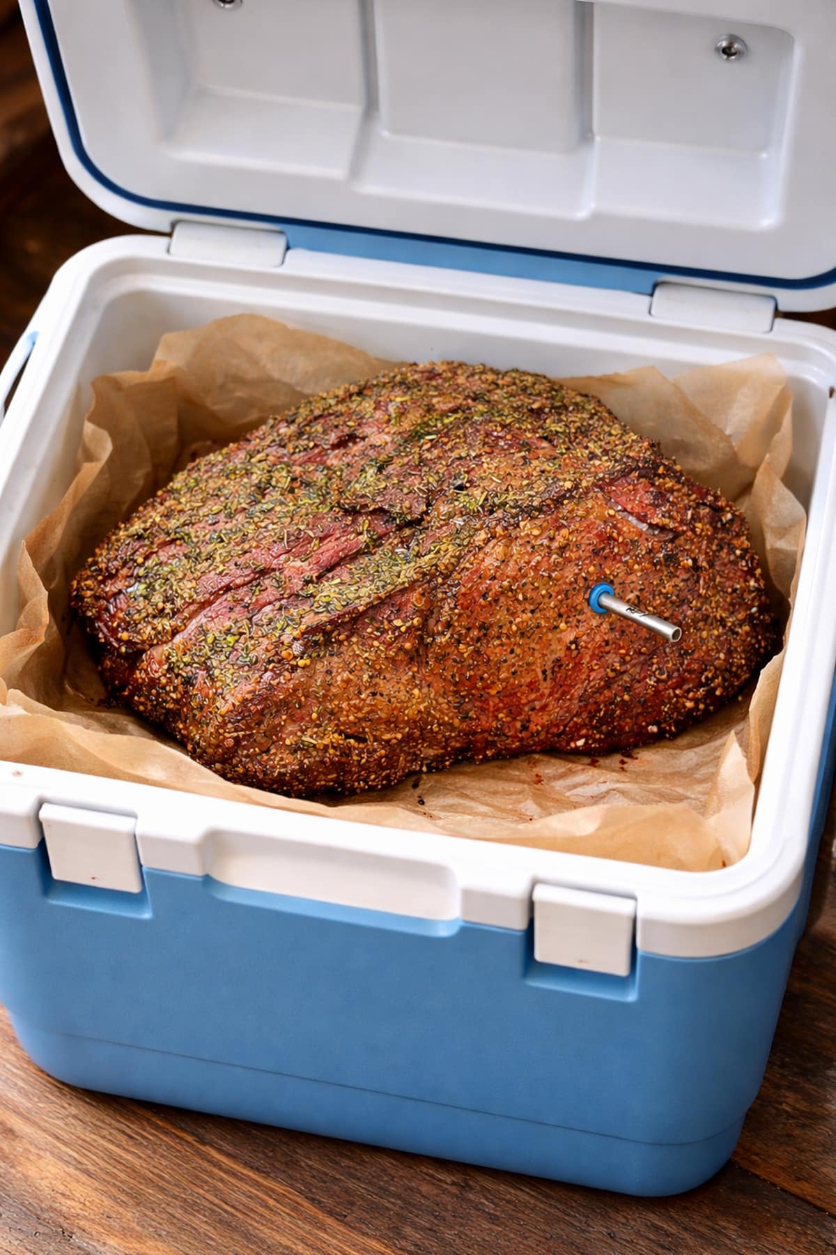 Smoked prime rib roast in a blue cooler with the lid up.