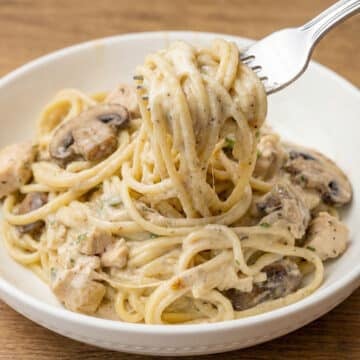 close up of turkey tetrazzini on a plate with a fork lifting some noodles