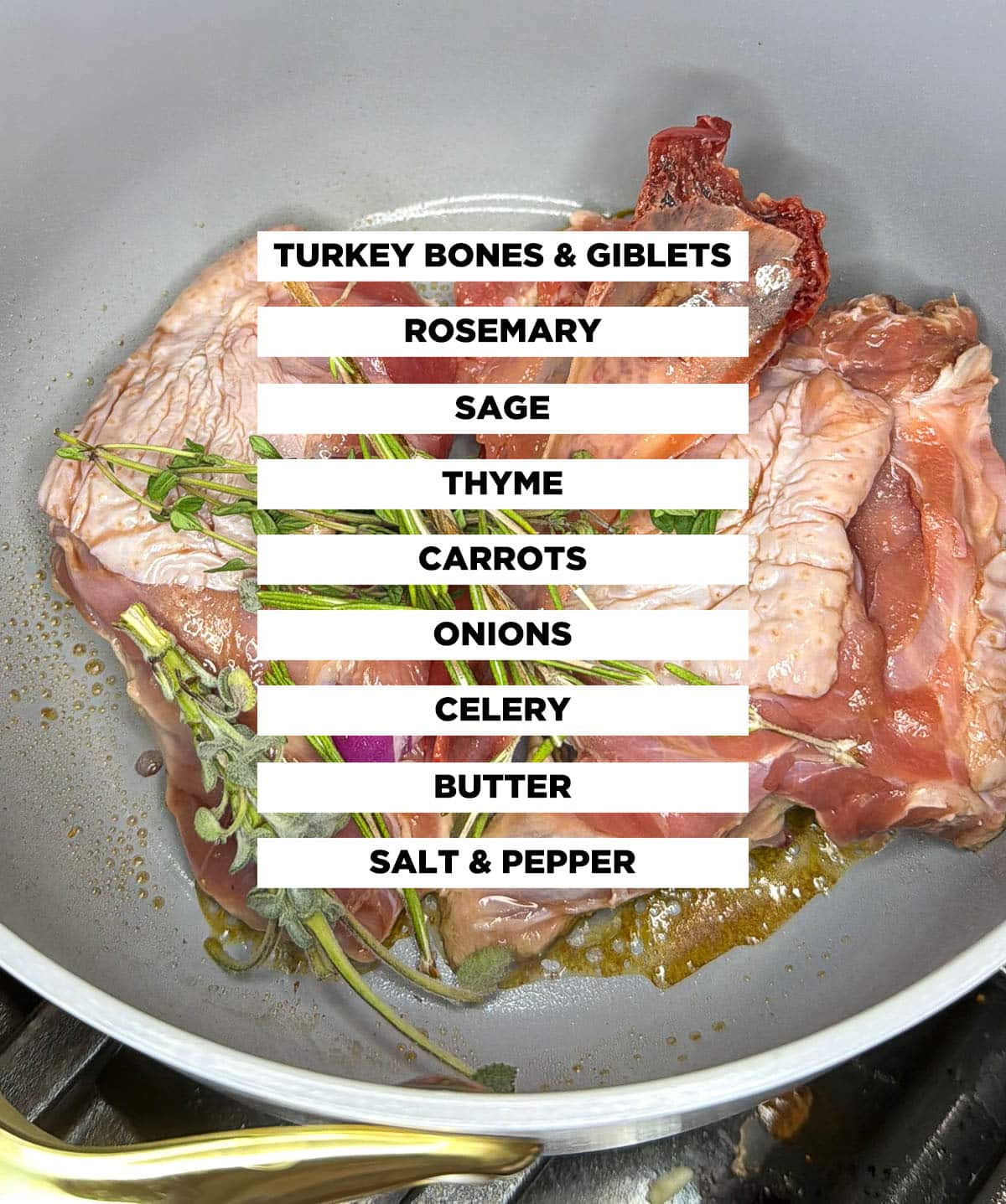 Labeled ingredient shot for "How to Make Turkey Broth" recipe, featuring: turkey bones & giblets, rosemary, sage, thyme, carrots, onions, celery, butter, salt and pepper.