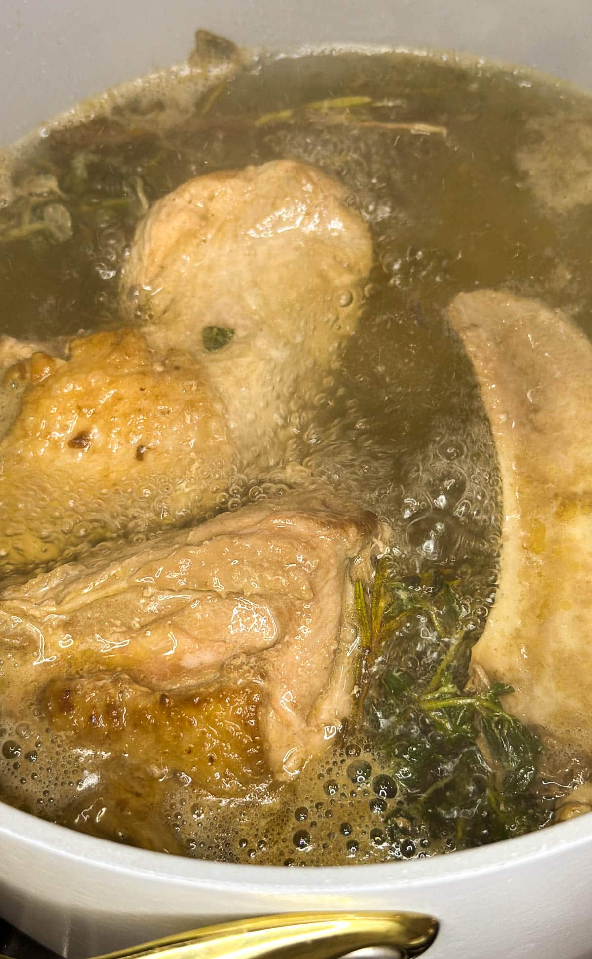 Turkey bones and giblets in a pot with fresh herbs boiling in water.
