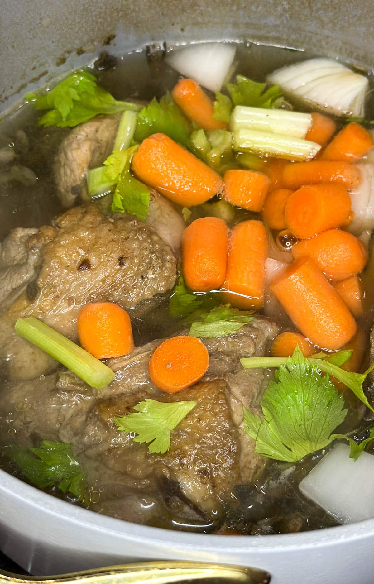 Turkey bones and giblets in a pot with fresh herbs and vegetables.