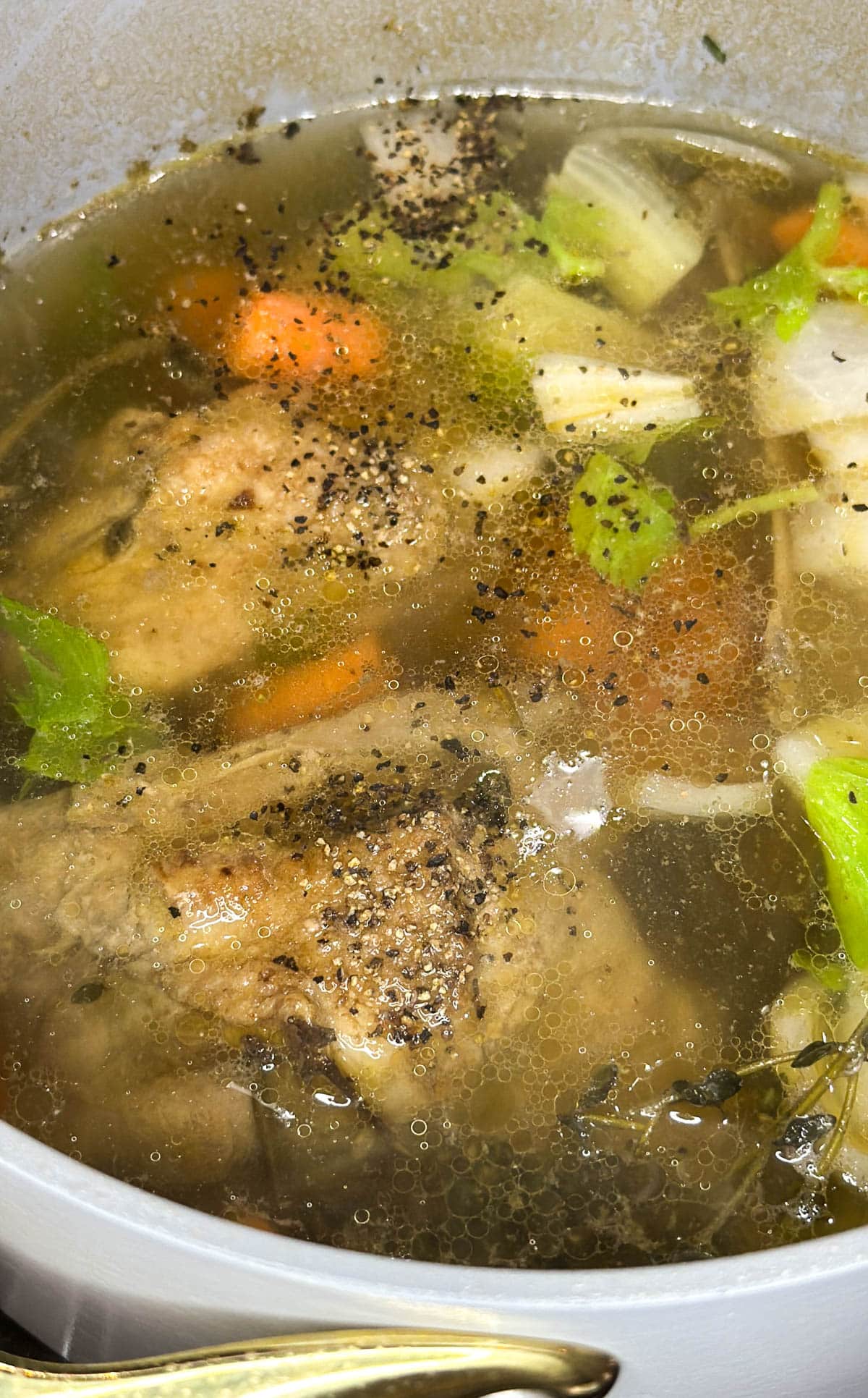 Turkey bones and giblets in a pot of water with fresh herbs, vegetables, and seasoning.