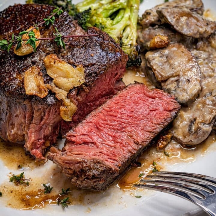 close up of a slice of filet mignon