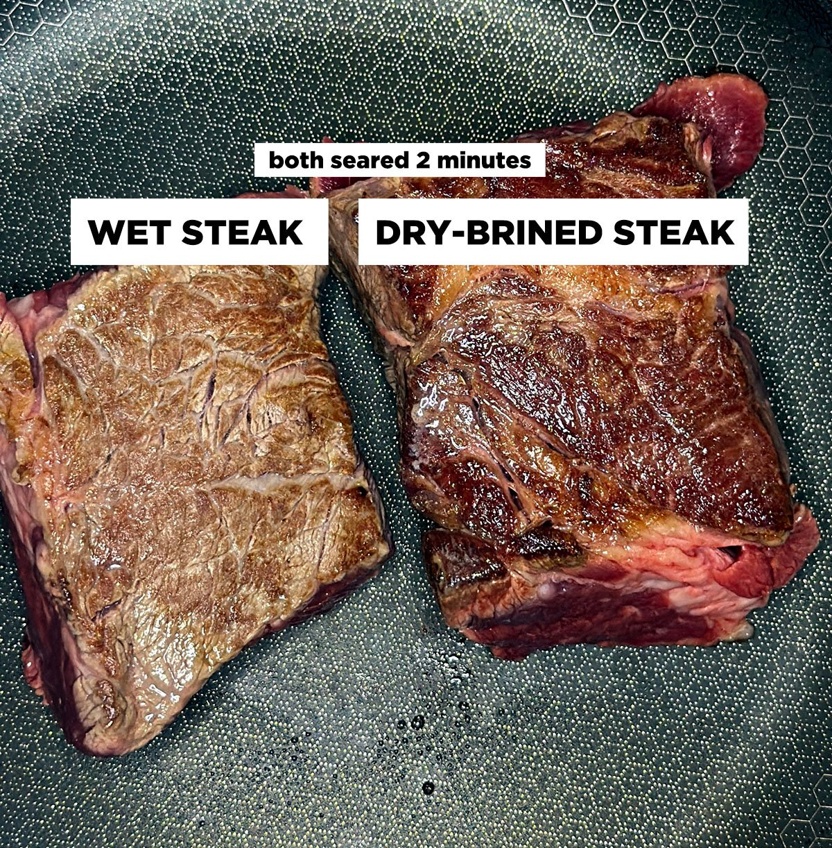 wet vs dry brined steak in a hot pan