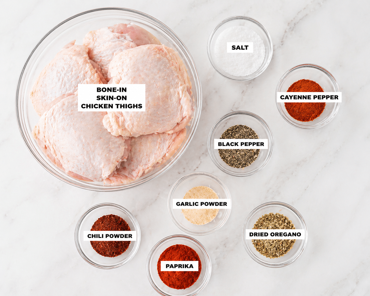 Crispy chicken thigh ingredients in bowls on top of a countertop.