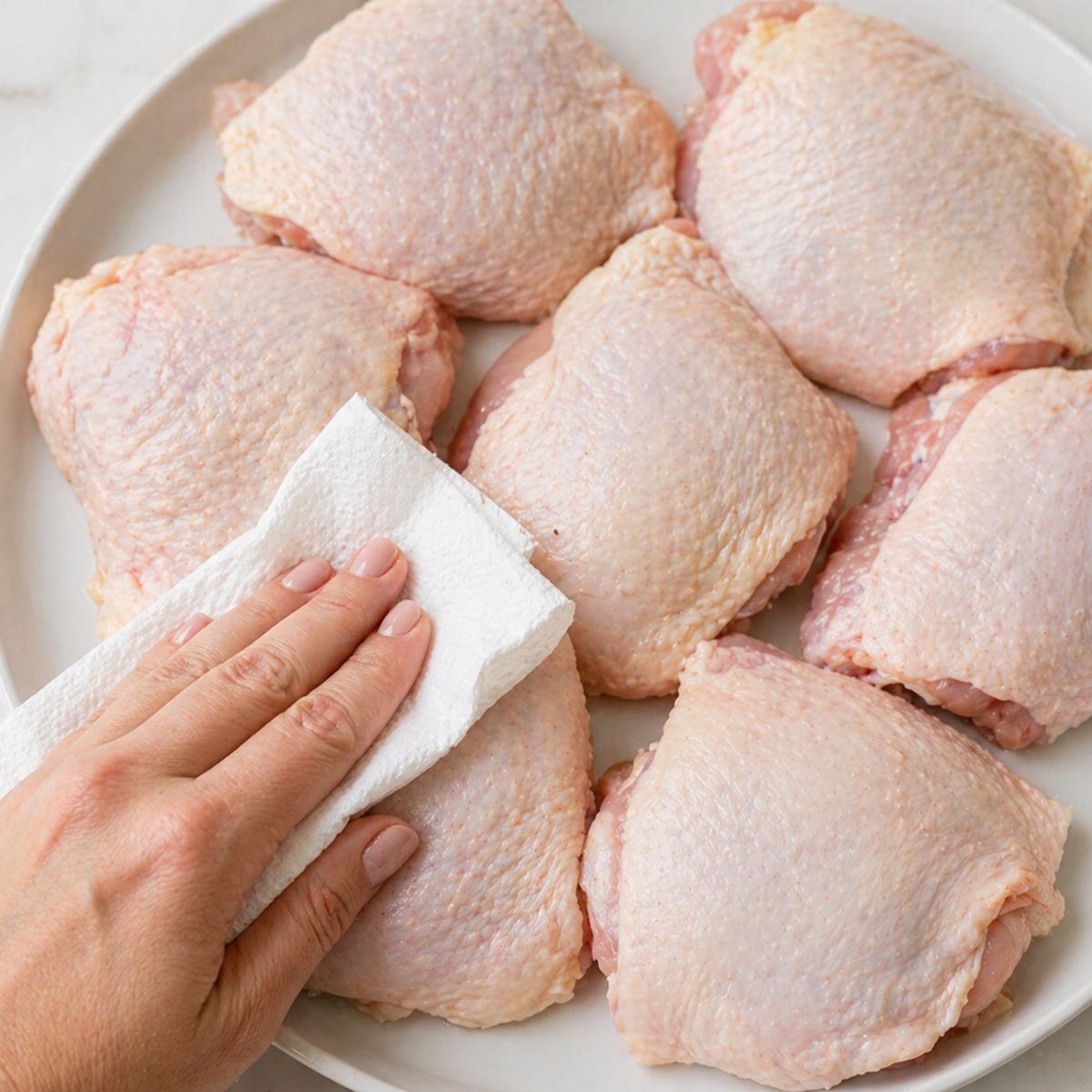 Hand patting raw chicken thighs with a paper towel.