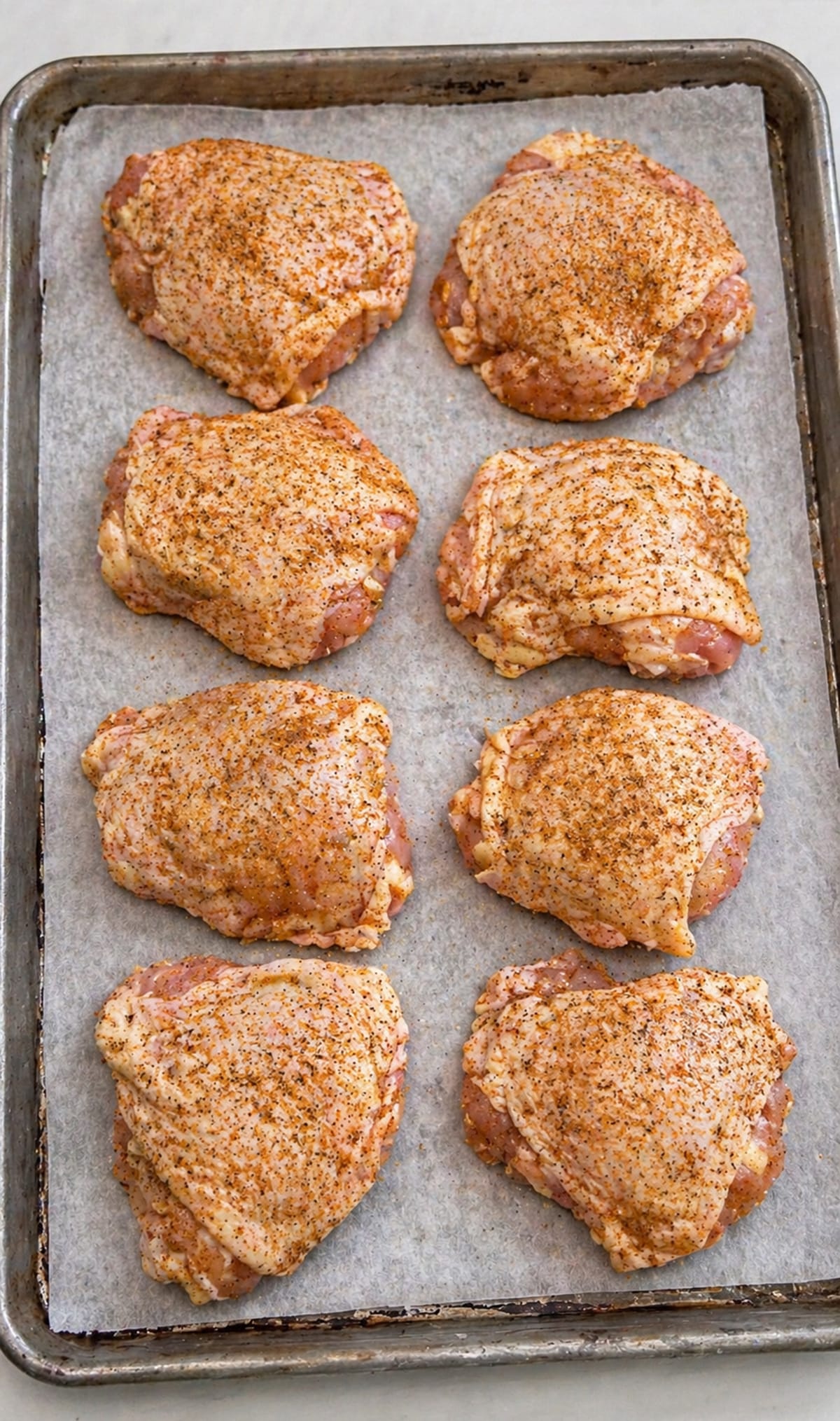 Seasoned chicken thighs on a sheet pan.