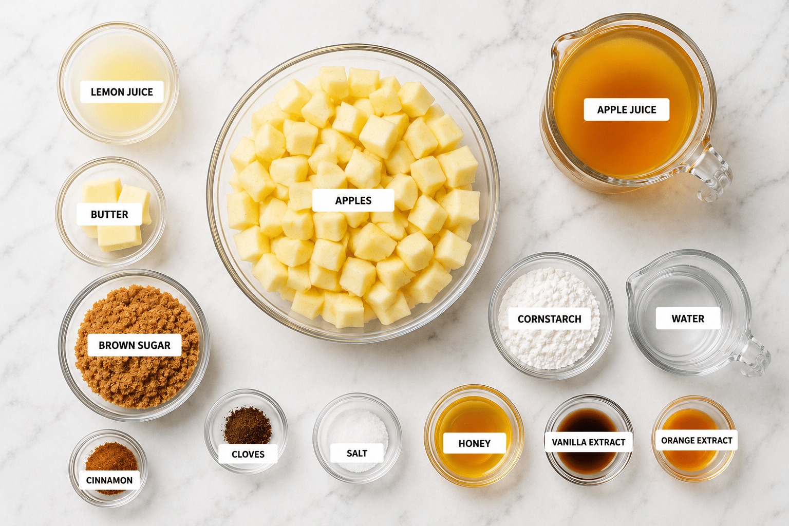 Apple filling ingredients laid out on marble: a bowl of cubed peeled apples, apple juice, brown sugar, cornstarch, cloves, salt, honey, and vanilla extract