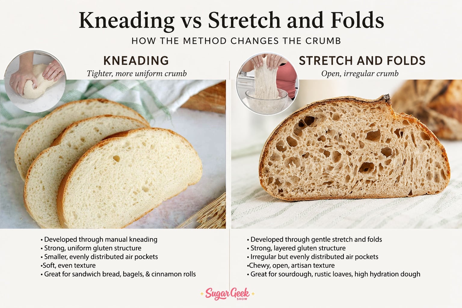 Infographic comparing kneaded dough crumb to stretch and fold crumb.