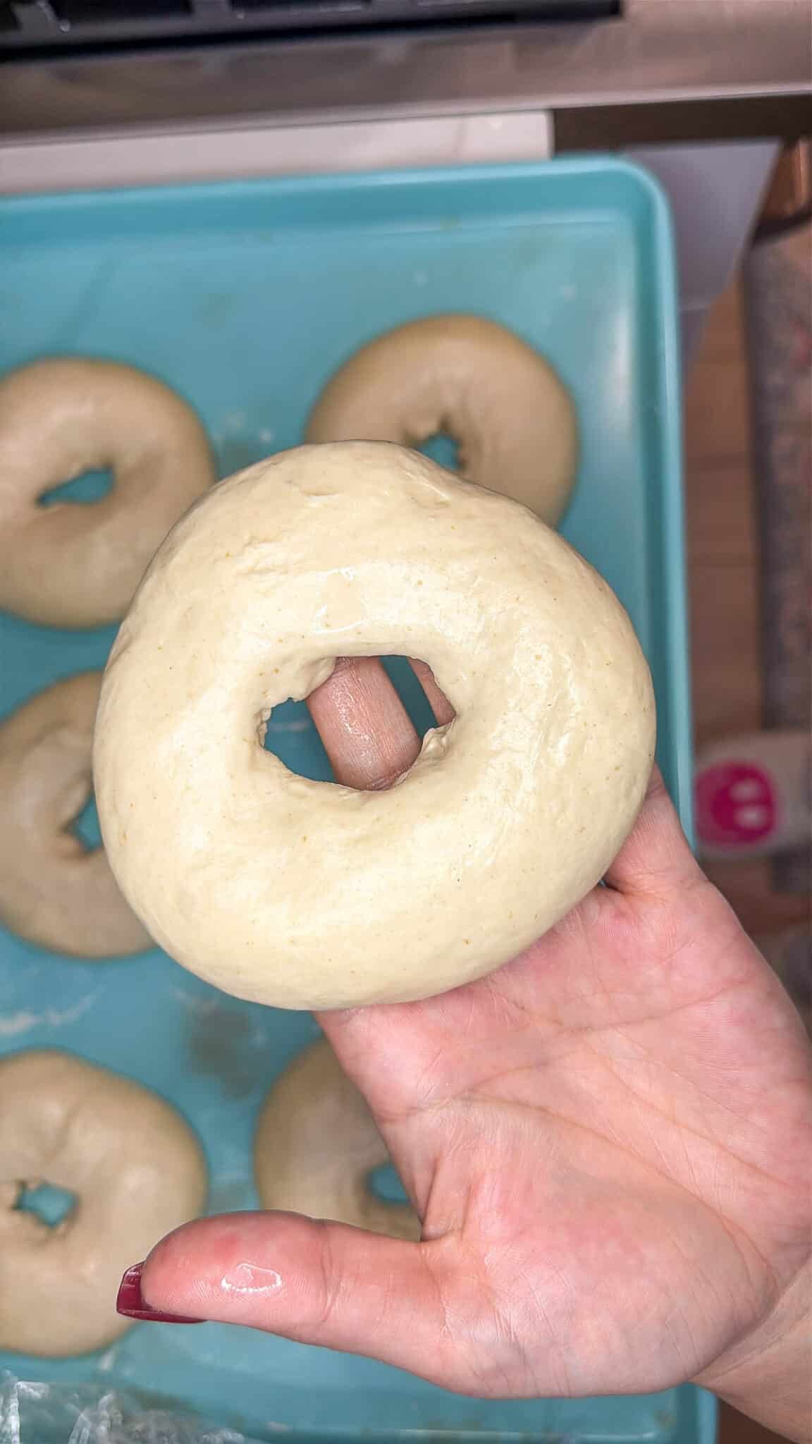 Sourdough discard bagels being shaped on a pan.