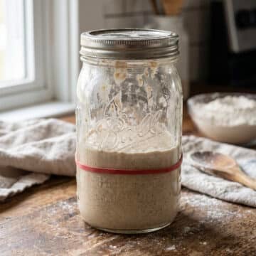 Jar of flat sourdough starter in a kitchen environment.