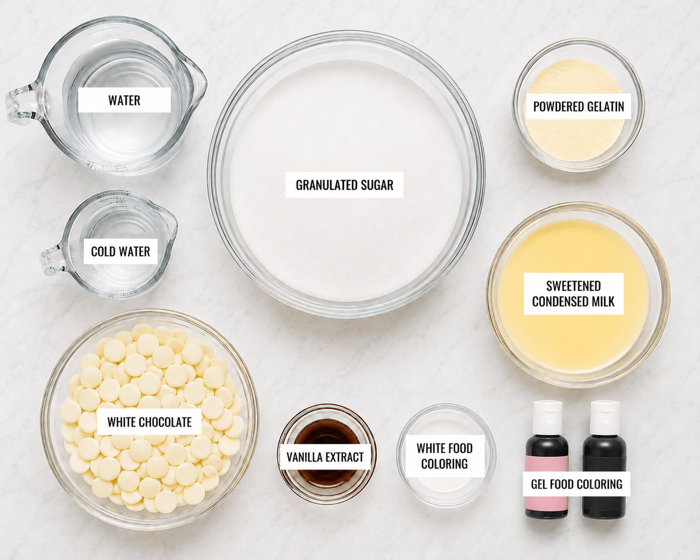 Ingredients for the mirror glaze recipe.