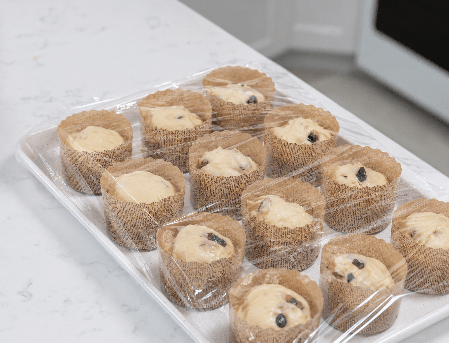 mini panettone in liners with plastic wrap on top