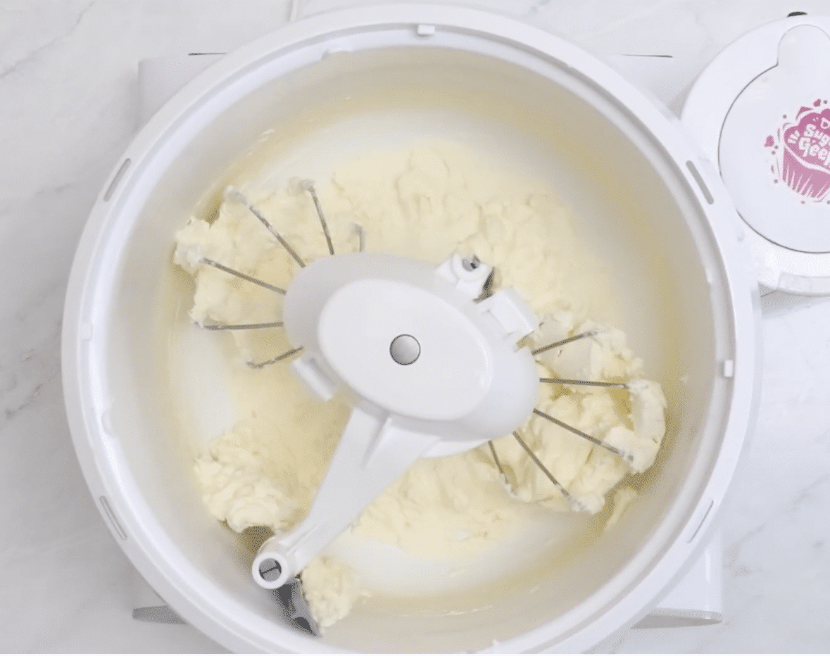 Cream cheese combined with the butter in a mixer.