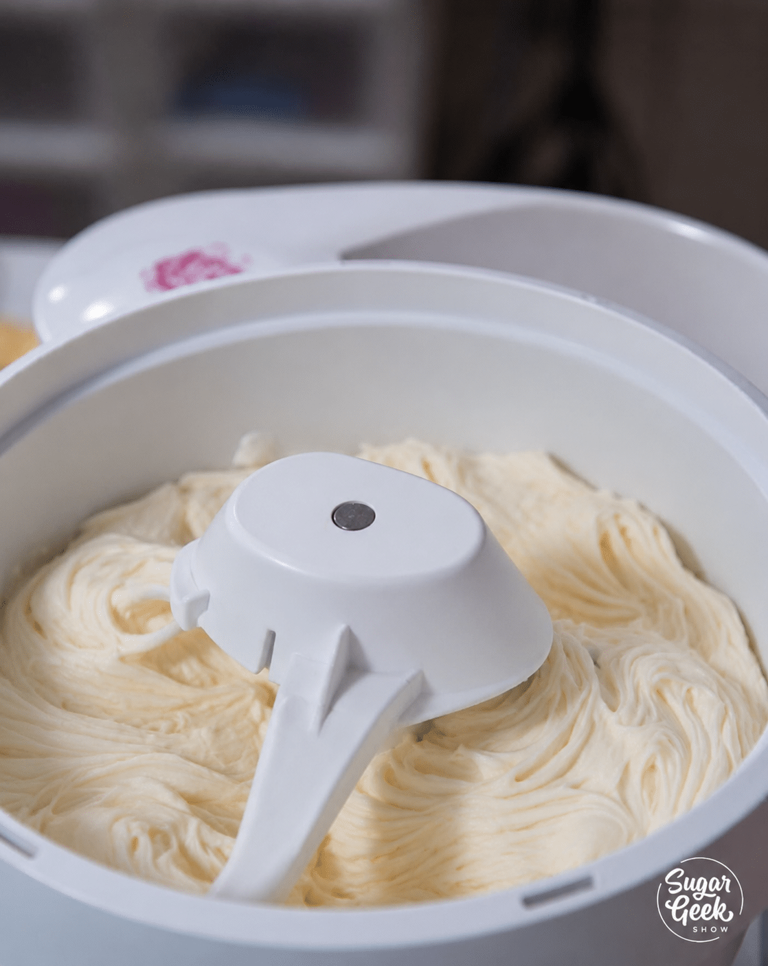 Cream cheese creamed in the mixer.