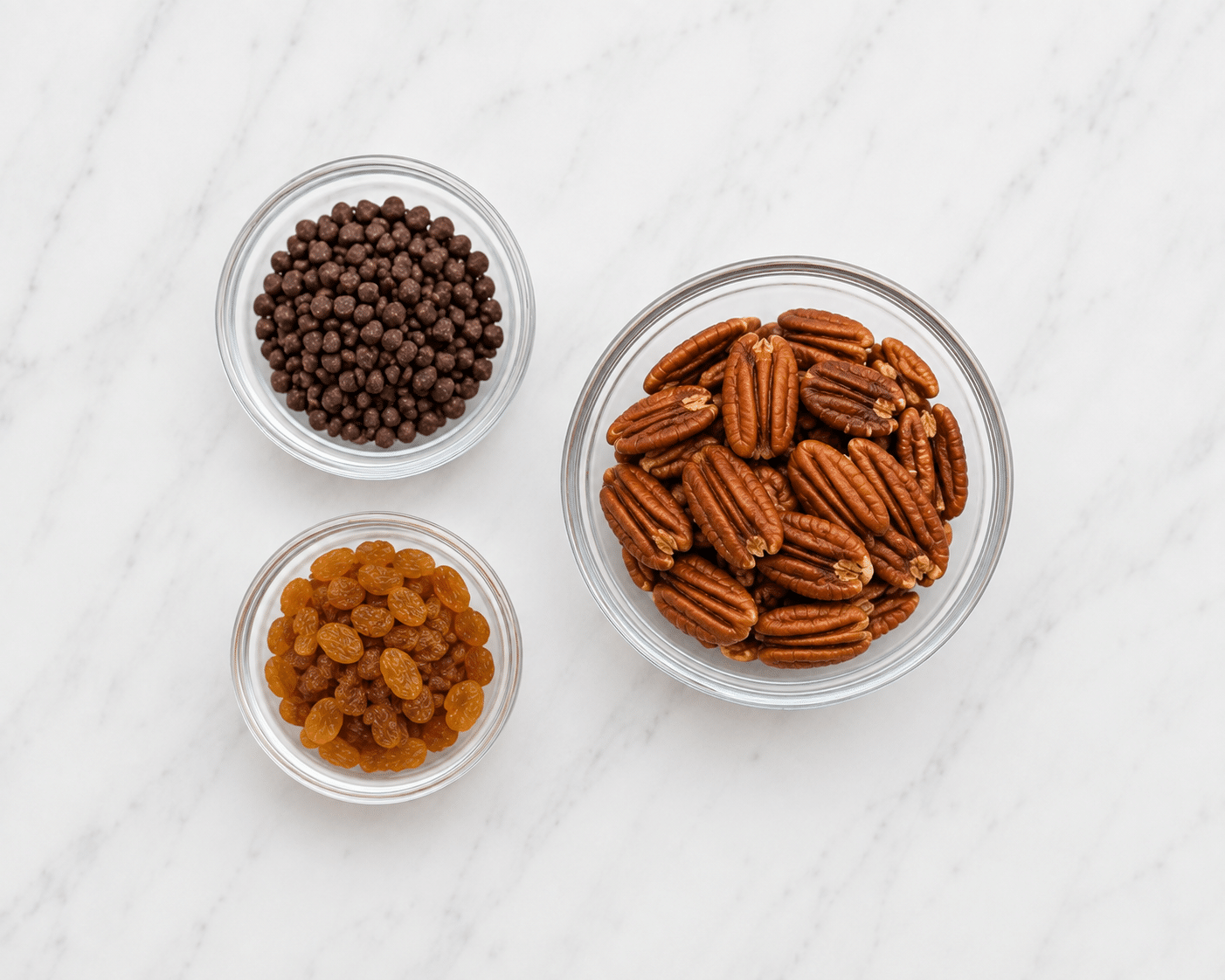 Small glass bowls of pecan halves, mini chocolate chips, and golden raisins.