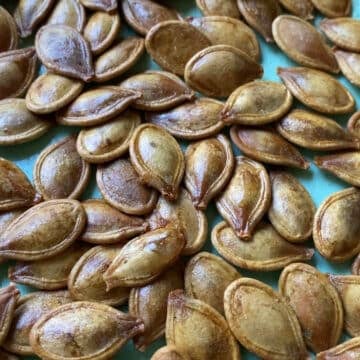 close up of roasted pumpkin seeds on a blue pan