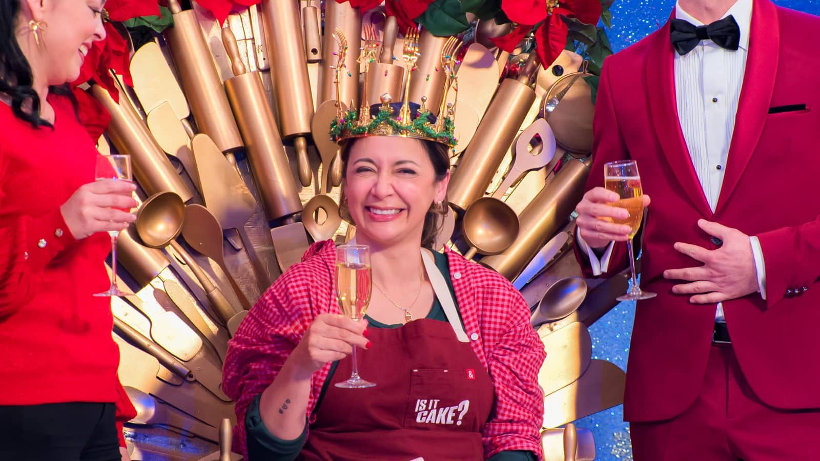 Liz Marek celebrating her win on Netflix Is It Cake? Holiday