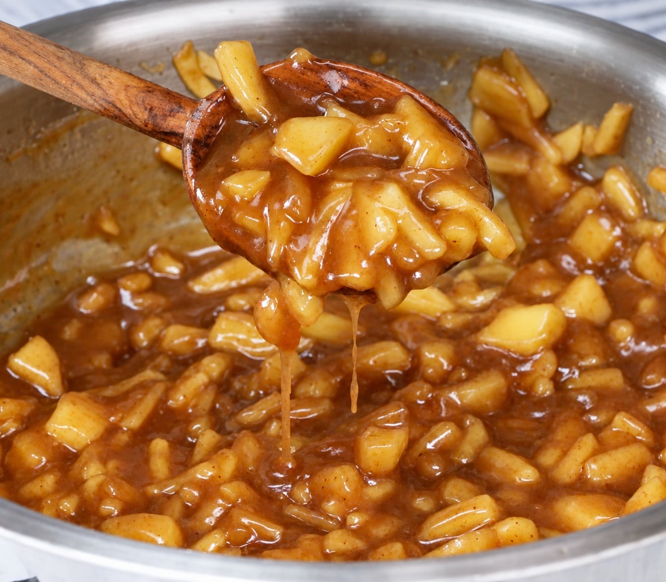 Wooden spoon lifting thick, glossy apple pie filling from the pan