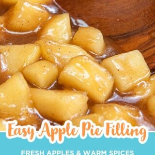 close-up of glossy apple pie filling with a wooden spoon