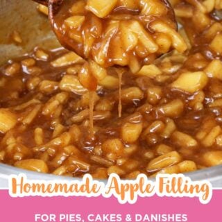 wooden spoon lifting apple pie filling out of a pan