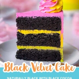 slice of black velvet cake with pink and yellow buttercream on a plate