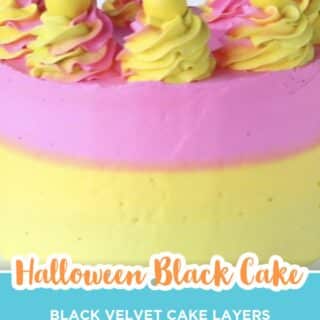 pink and yellow buttercream cake with piped swirls and yellow balls on top