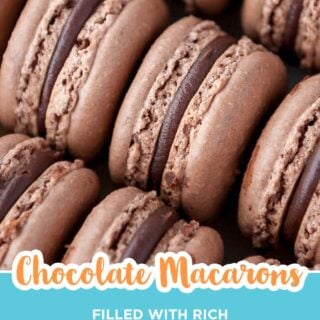 Rows of chocolate macarons filled with chocolate ganache, Pinterest image.