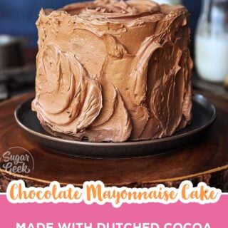 Whole chocolate mayonnaise cake covered in swirled chocolate buttercream.