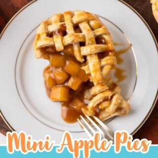 Mini apple pie cut open on a white plate with a fork, with text overlay Mini Apple Pies made in a muffin tin, recipe and tutorial.