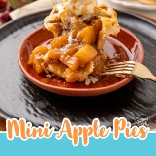 Mini apple pie topped with a scoop of ice cream on a red plate, with text overlay Mini Apple Pies with fresh apple filling, recipe and tutorial.