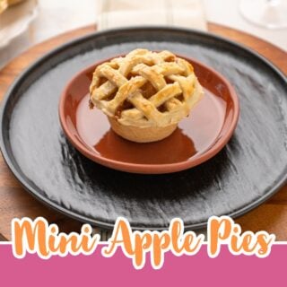 Mini apple pie with a lattice crust on a small red plate, with text overlay Mini Apple Pies with a lattice crust, easy recipe.