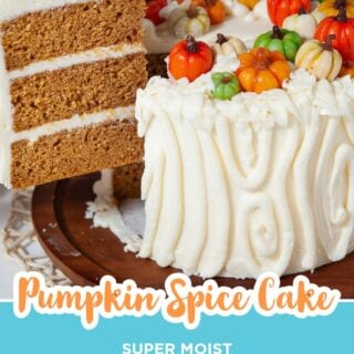 Slice being lifted out of a three layer pumpkin spice cake, Pinterest image.
