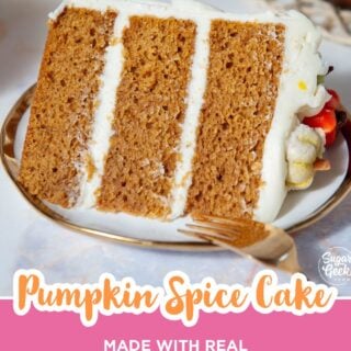 Slice of three layer pumpkin spice cake made with real pumpkin puree, Pinterest image.