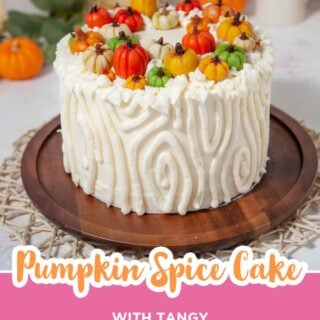 Pumpkin spice cake with cream cheese frosting and marzipan pumpkins, Pinterest image.