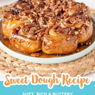 Sticky buns made with sweet dough topped with caramel and pecans