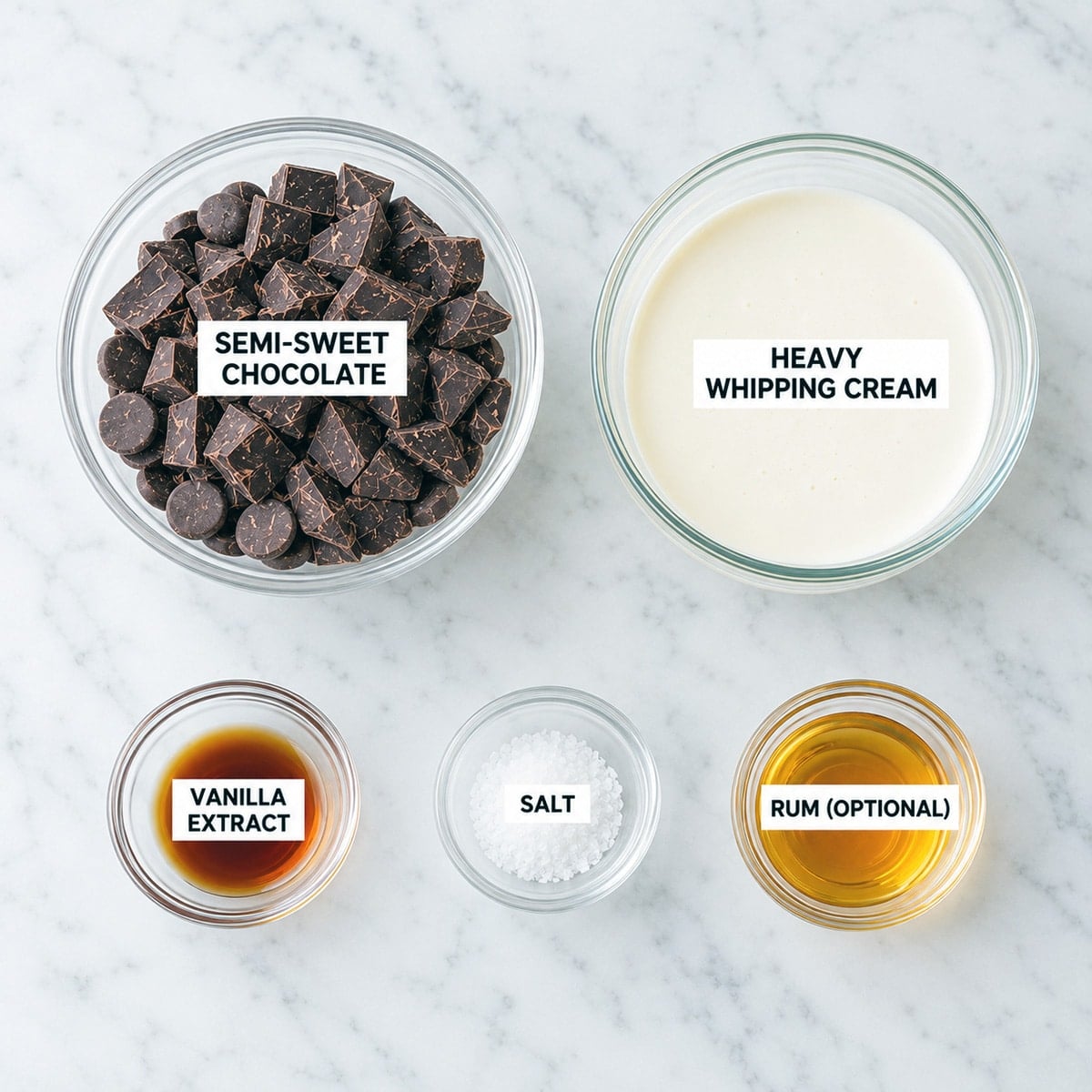 Whipped ganache ingredients in bowls.